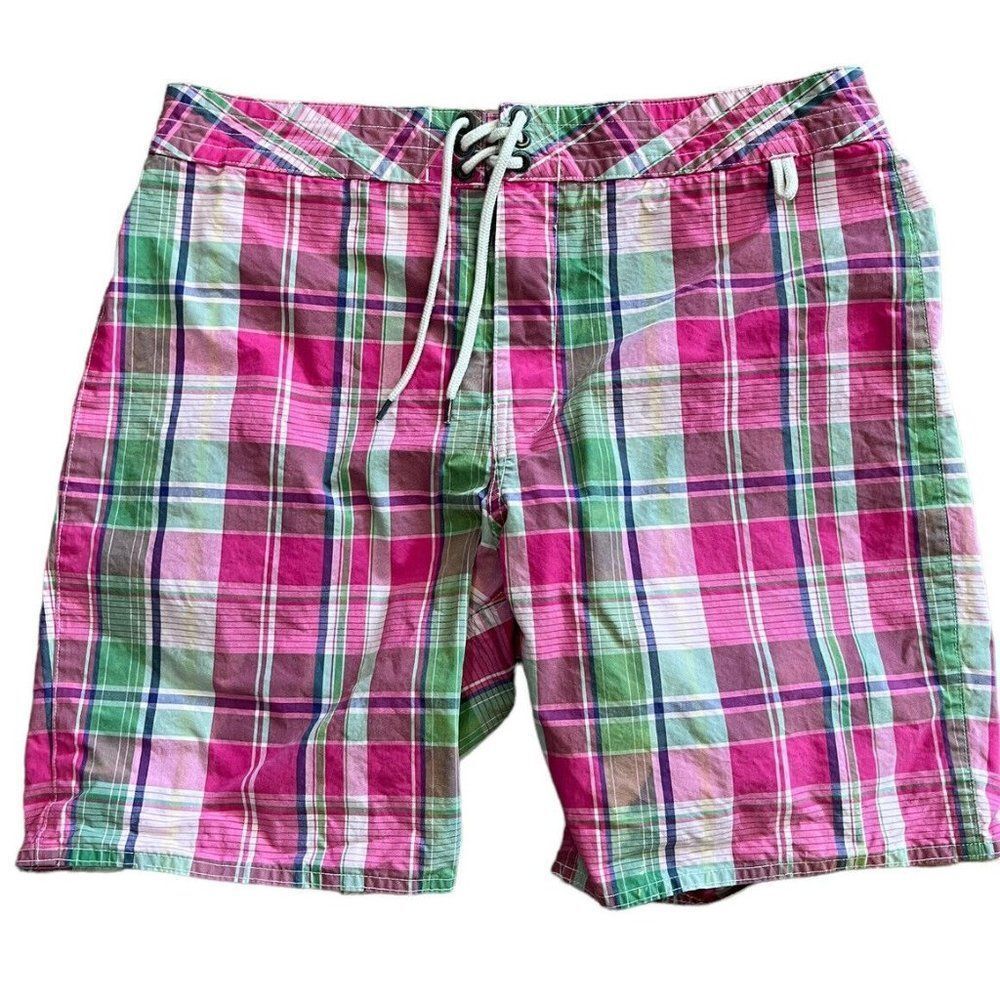 Men's Pink & Green Plaid Swim Board Shorts